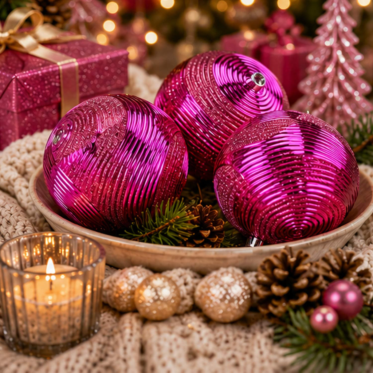 4-Piece Shatterproof Swirling Pink Glitter Christmas Balls