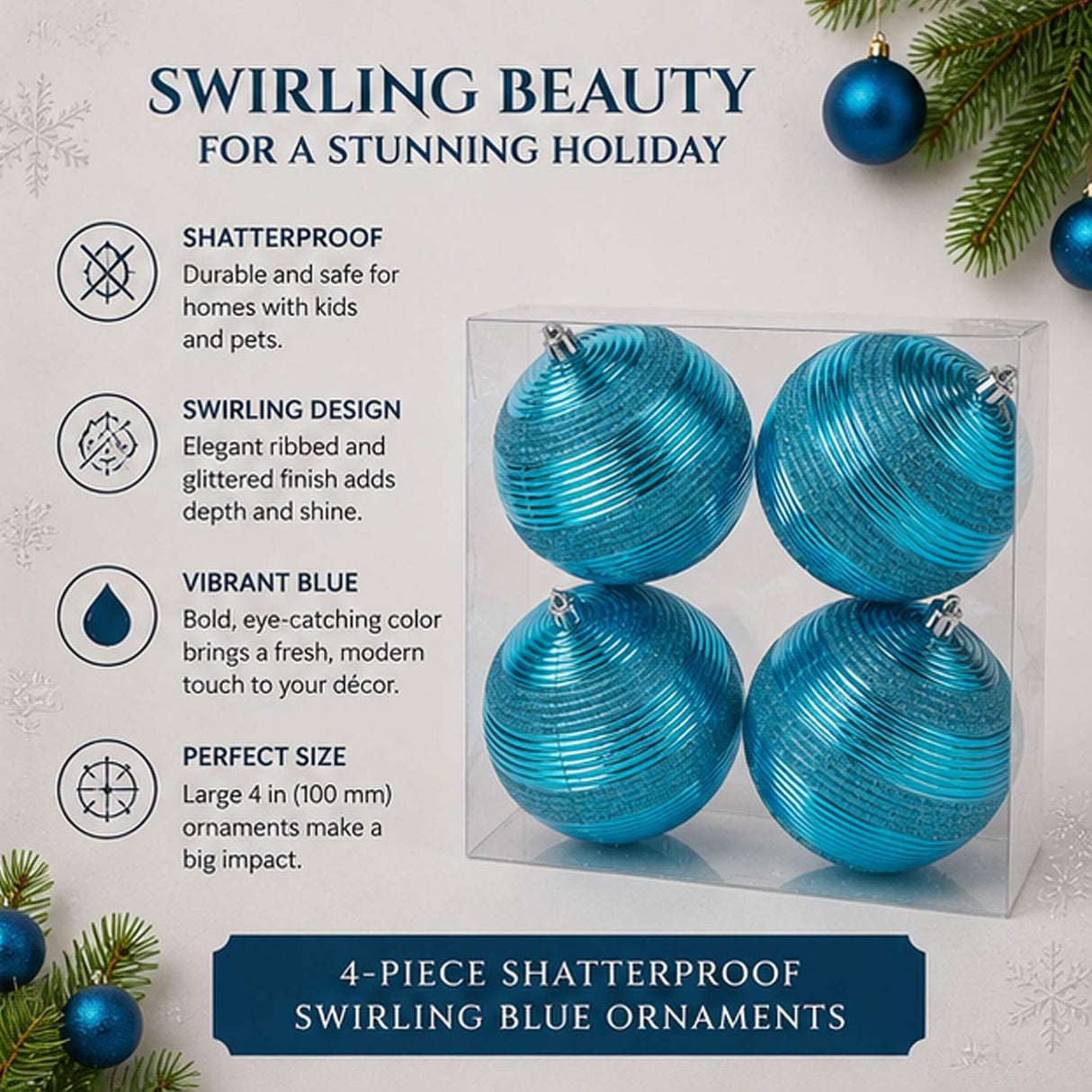 4-Piece Shatterproof Swirling Blue Glitter Christmas Balls