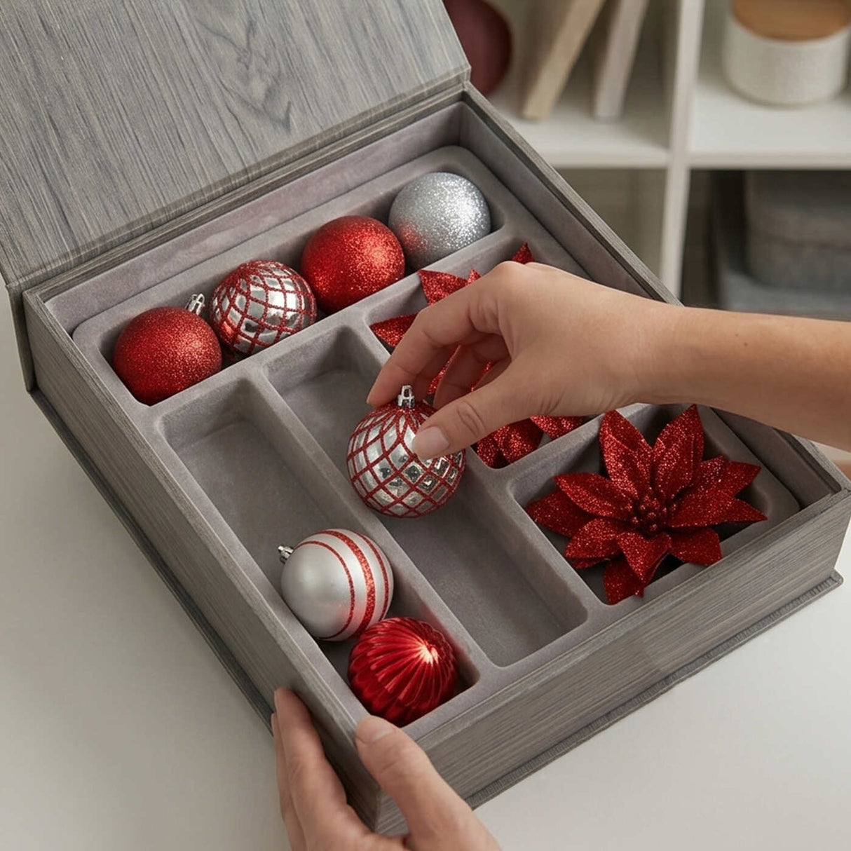 10IN Red & Silver Shatterproof Christmas Ornament Set