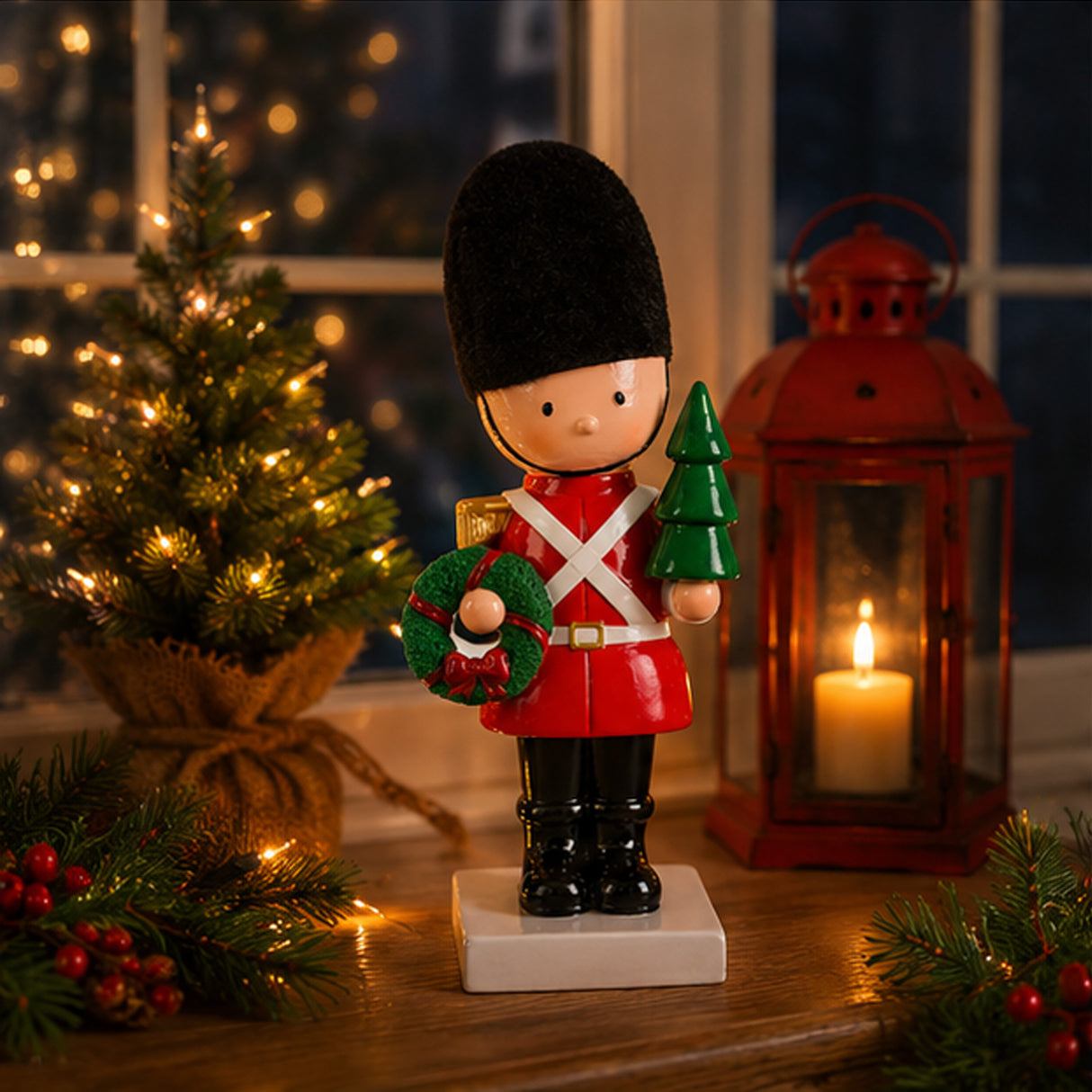11IN Christmas Soldier Figurine with Wreath and Tree Holiday Tabletop Decor