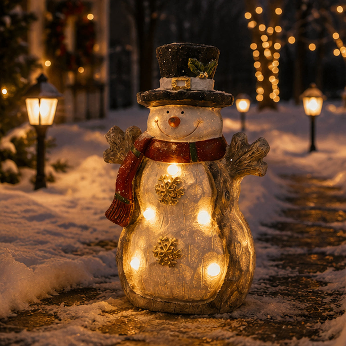 17IN Snowman Figurine with Red Scarf, Black Hat & Warm White LED Lights Indoor Decor
