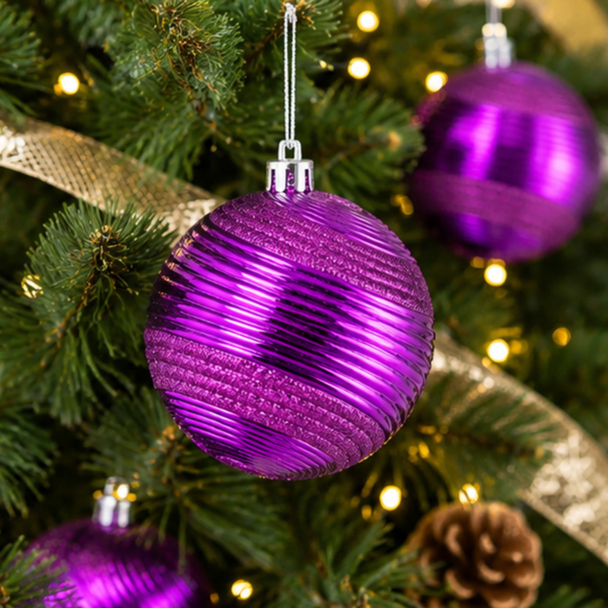 4PC Shatterproof Swirling Purple Glitter Christmas Ball Ornaments