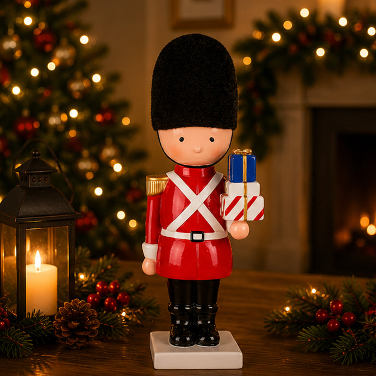 11IN Christmas Soldier Figurine with Wrapped Gifts Hand-Painted Indoor Holiday Decor