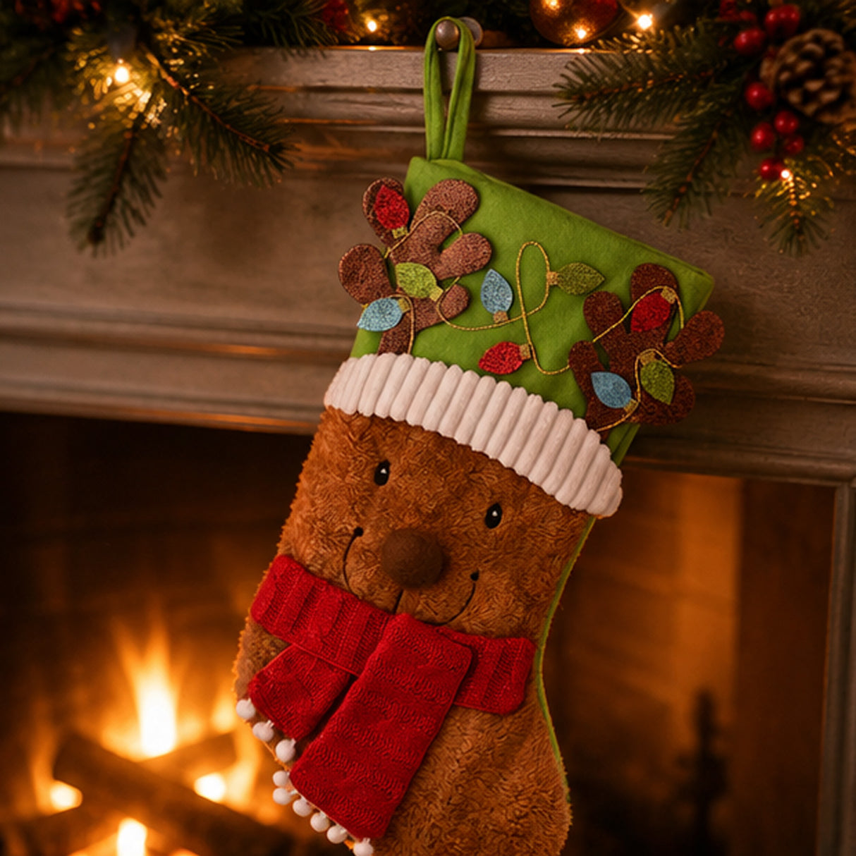 20IN Be Merry Collection Teddy Bear Christmas Stocking with Red Scarf & Green Hat