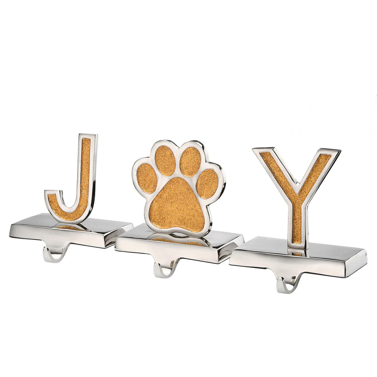 5IN 3-Piece Gold Sparkle JOY Paw Print Stocking Holders