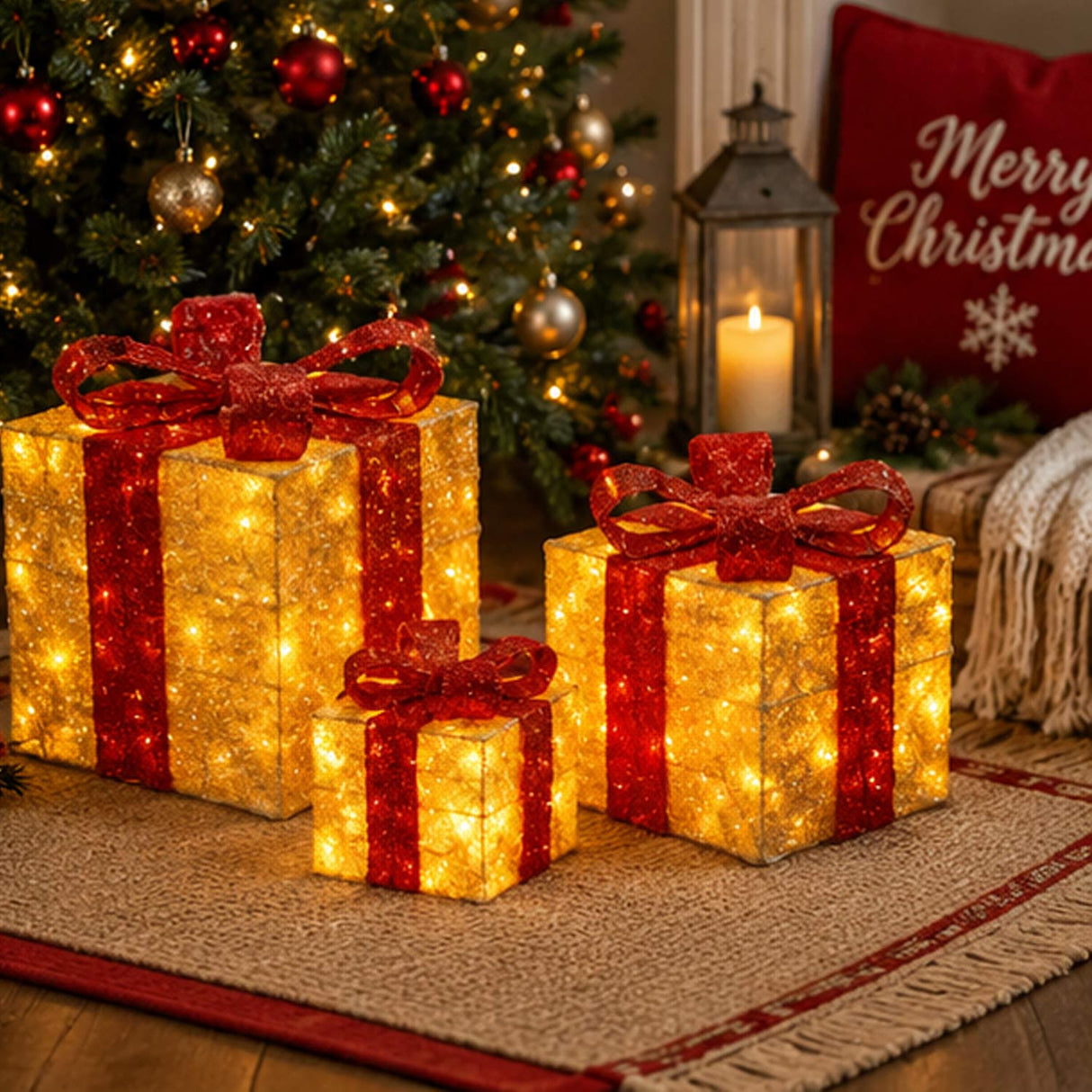 Pre-Lit Gold Gift Boxes Set of 3 with Red Bows 105 White Lights Christmas Decor Plug-In