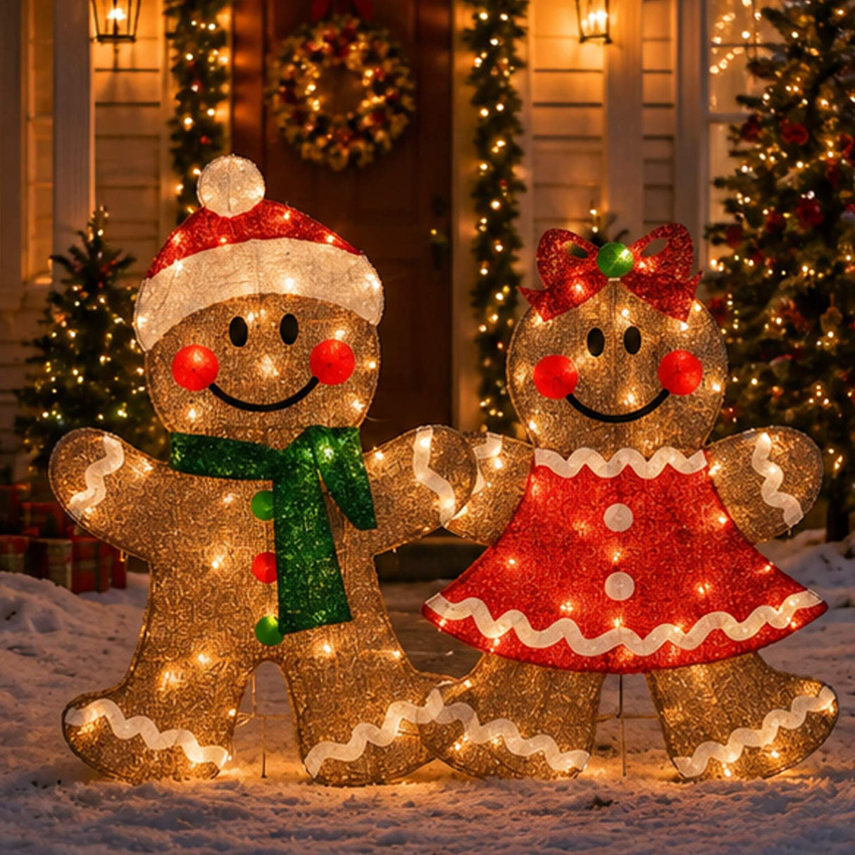 35IN Pre-Lit Gingerbread Cookie Couple Christmas Decoration Set