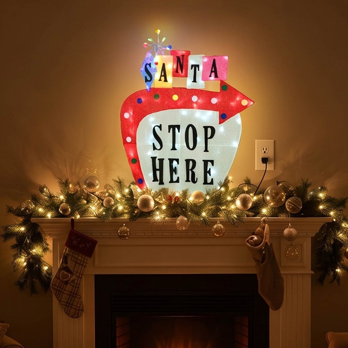 50IN Pre-Lit Vintage Vegas Santa Stop Here Sign LED Christmas Decor