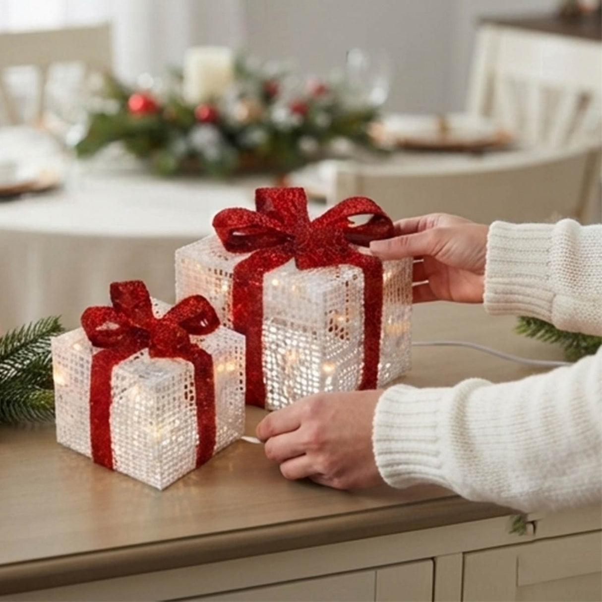 Pre-Lit White Christmas Gift Boxes Set of 3 with Clear Lights Plug-In