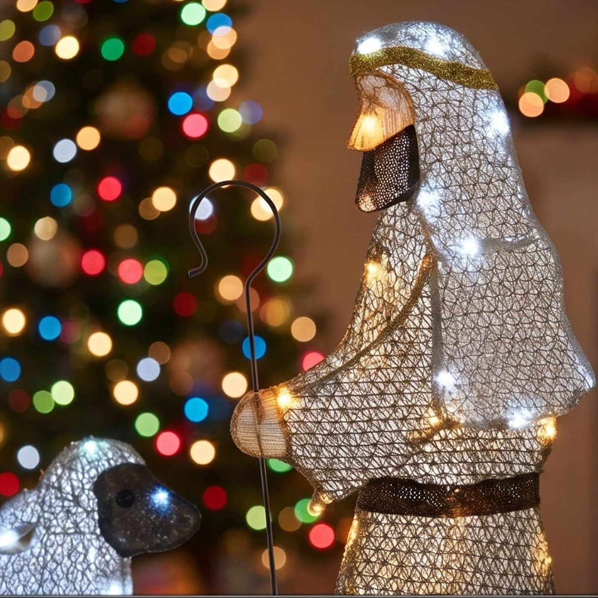 41IN Fabric Glitter Shepherd & Sheep LED Light Set