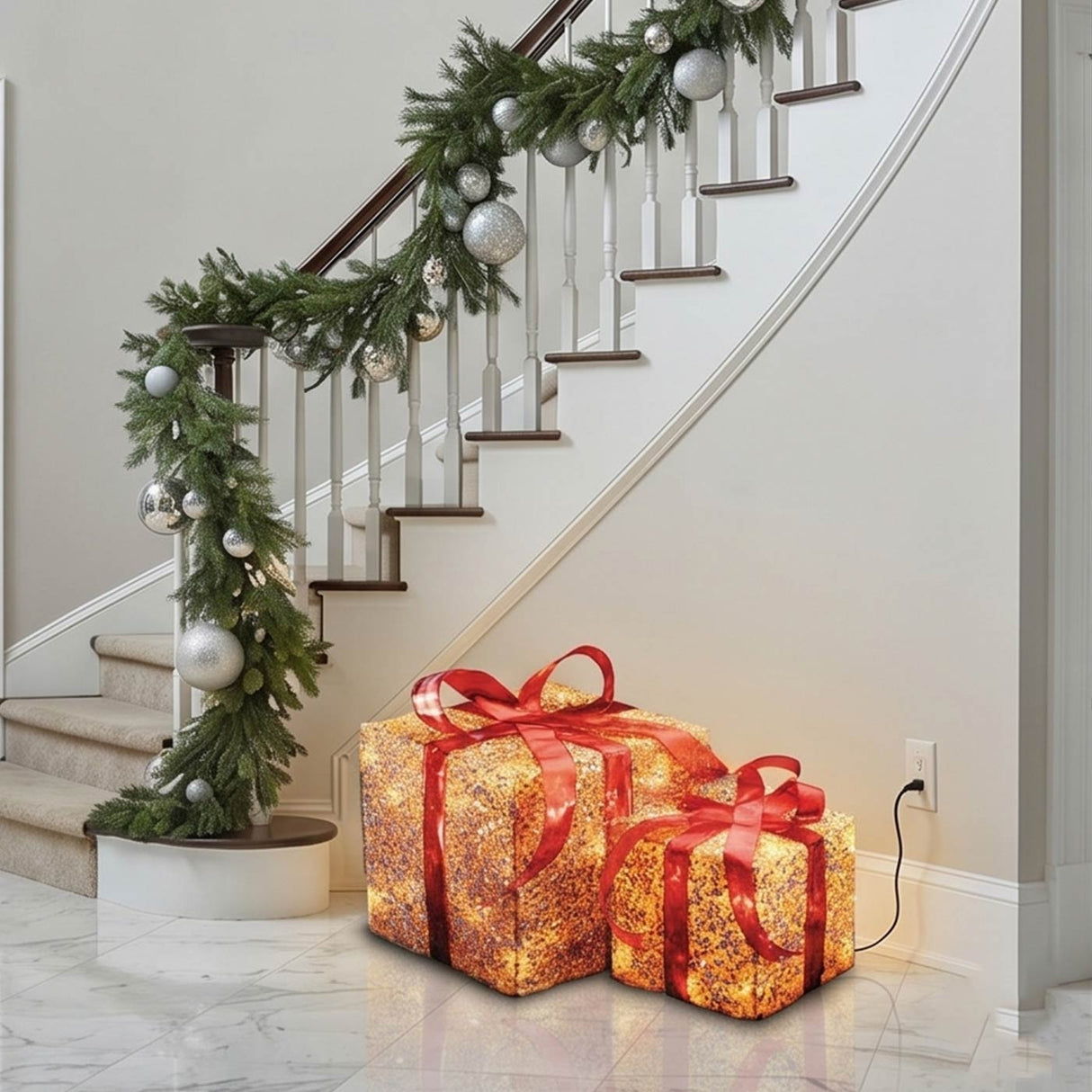 Pre Lit Gold Gift Box Set of 3 with Red Bow LED Decoration