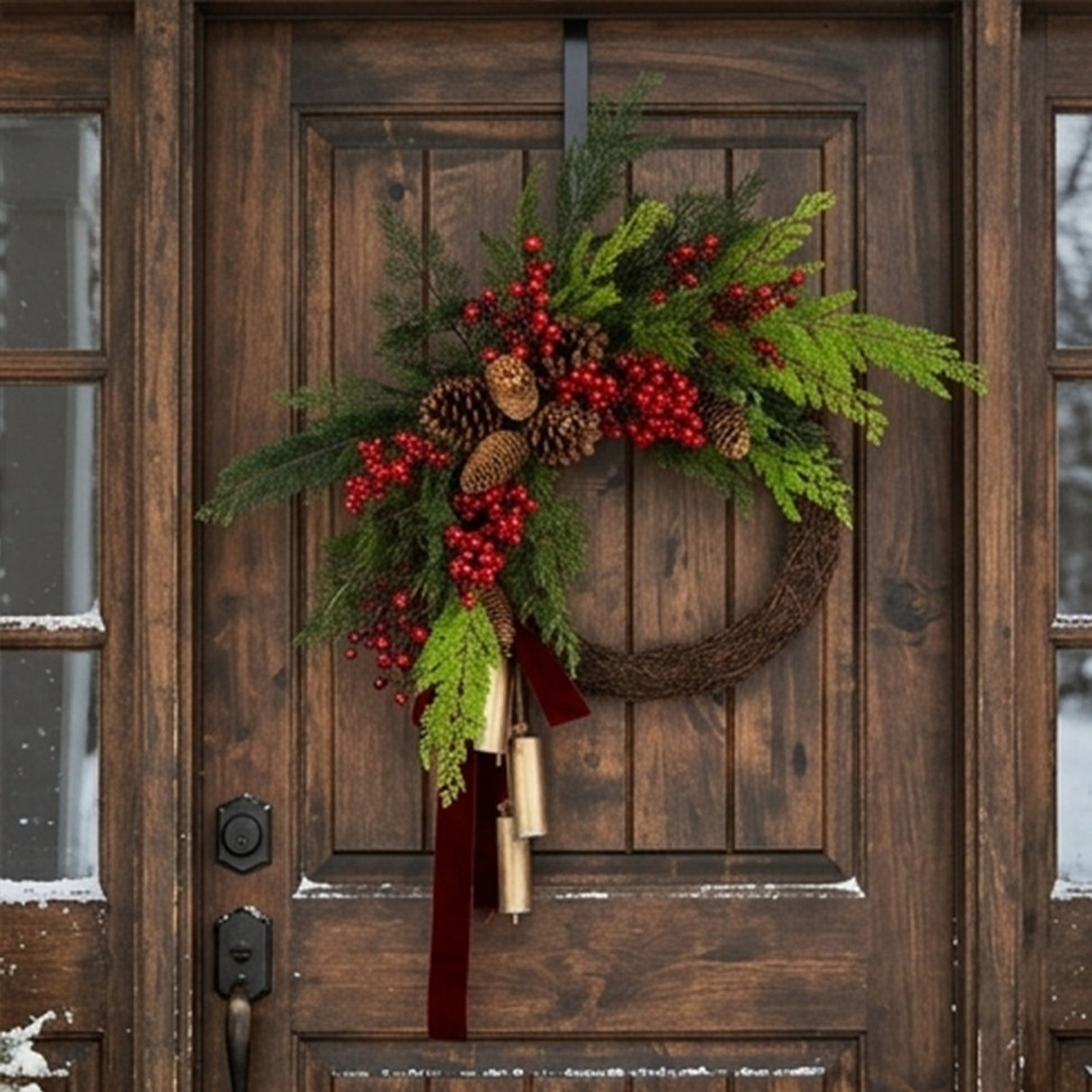 24 in. Christmas Joy Chimes Wreath with Red Berries, Holiday Door and Mantle Indoor Decor