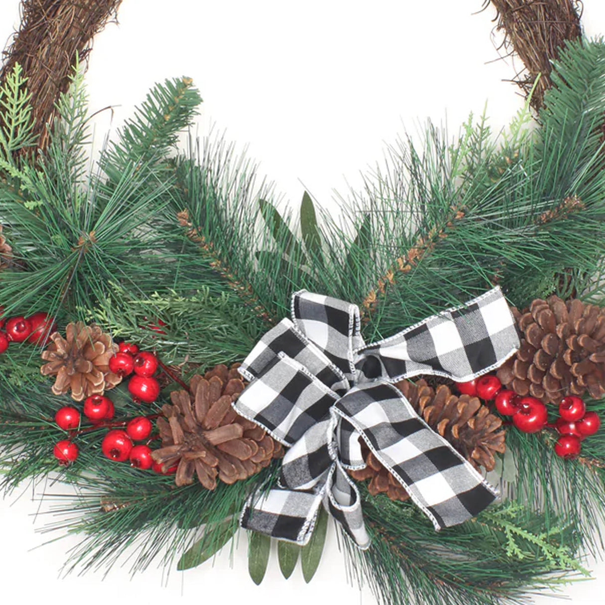 24IN Mixed Pine and Berries Wreath with Buffalo Plaid Bow