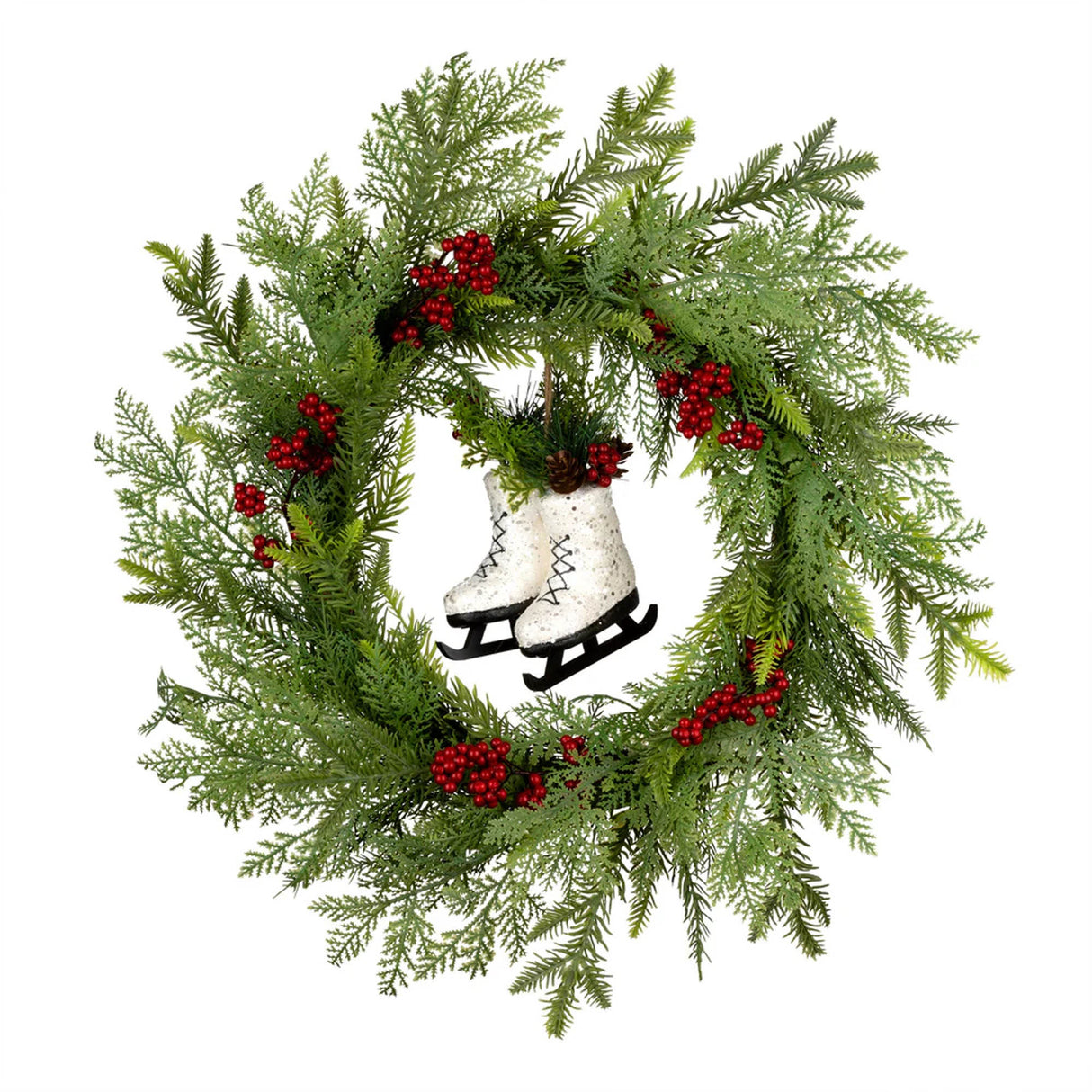 22IN Winter Skates Christmas Wreath with Red Berries
