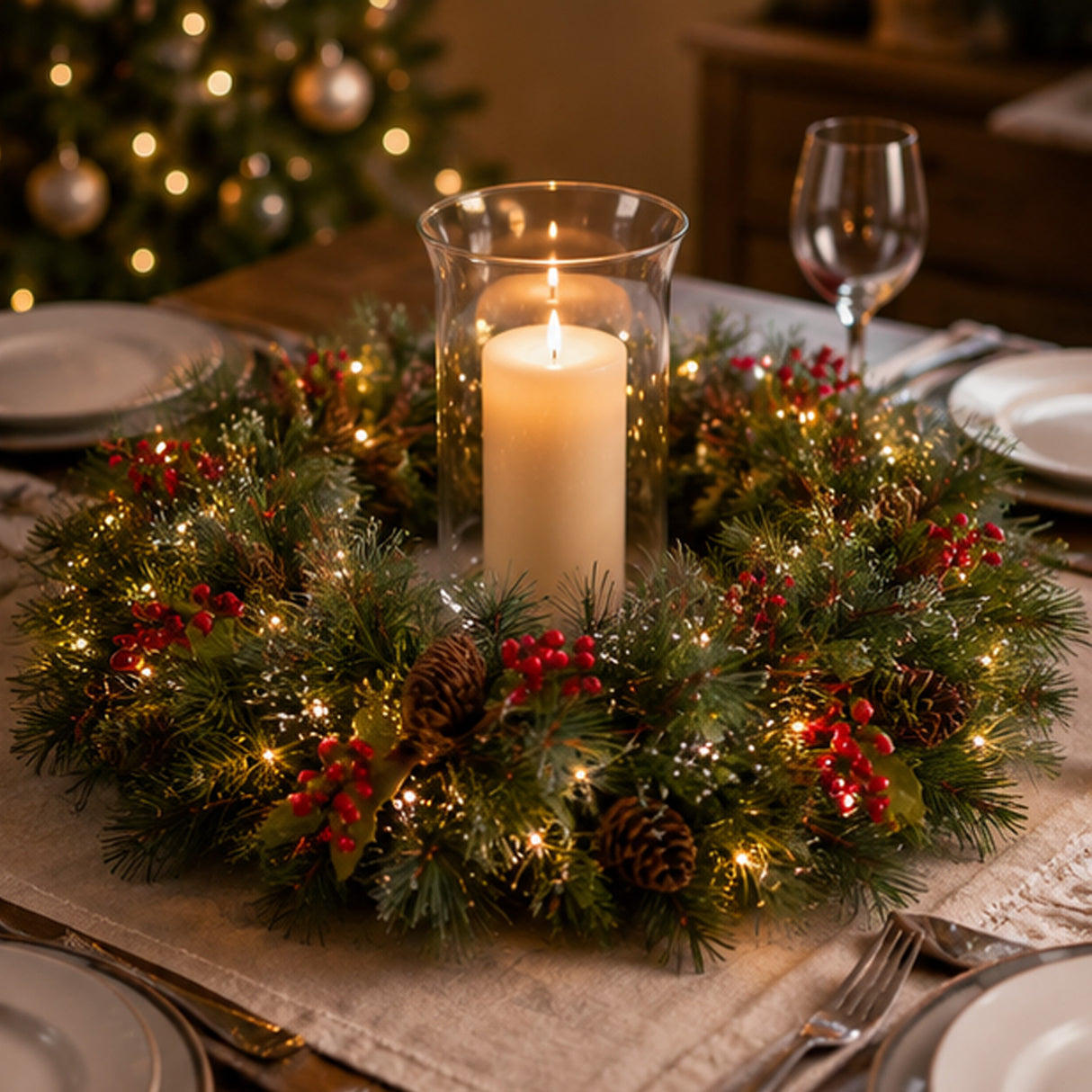 Pre-Lit 24 in. Wintry Pine Christmas Wreath with Warm White LED Lights
