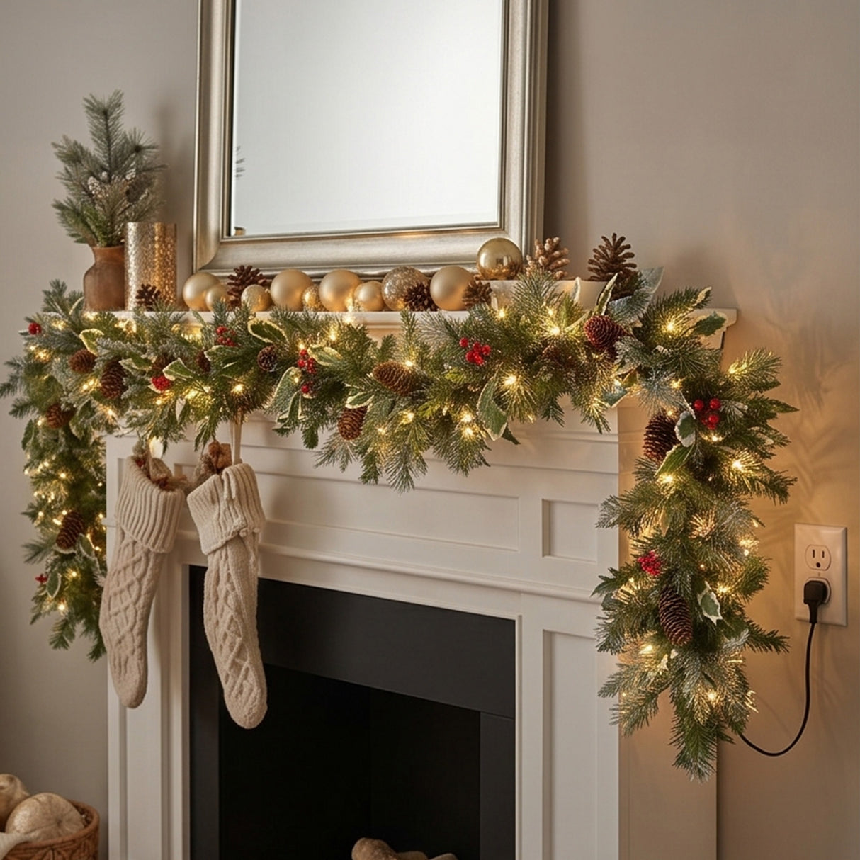 9FT Pre-Lit Holly Berry Garland & Wreath Set with LED Lights (3 Piece)