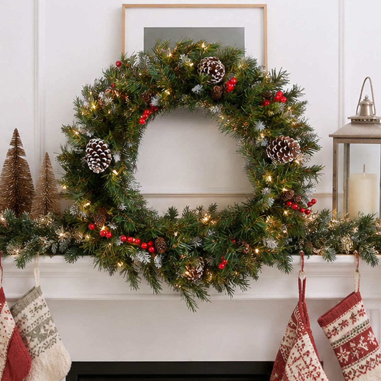 Pre-Lit Frosted Berry Wreath with Clear Lights, 24 Inch (Plug-In)