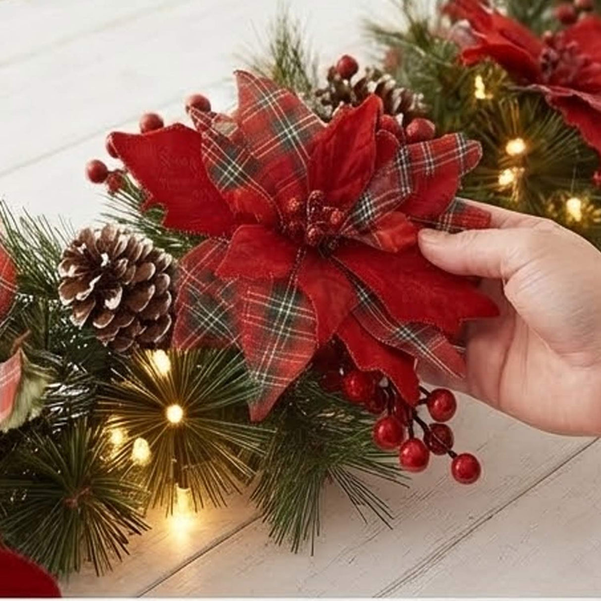 Pre-Lit Tartan Plaid Garland with Warm White LED Lights, 9 Foot