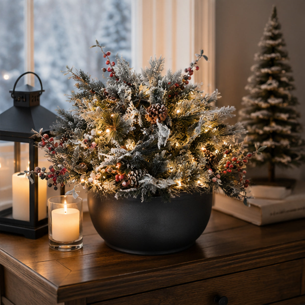 Pre-Lit Snowy Bedford Urn Filler with Warm White LED Lights, 22 Inch