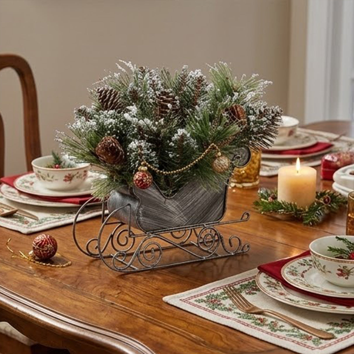 Glittery Bristle Pine Decorative Sleigh Accent with Pinecones, 10 Inch
