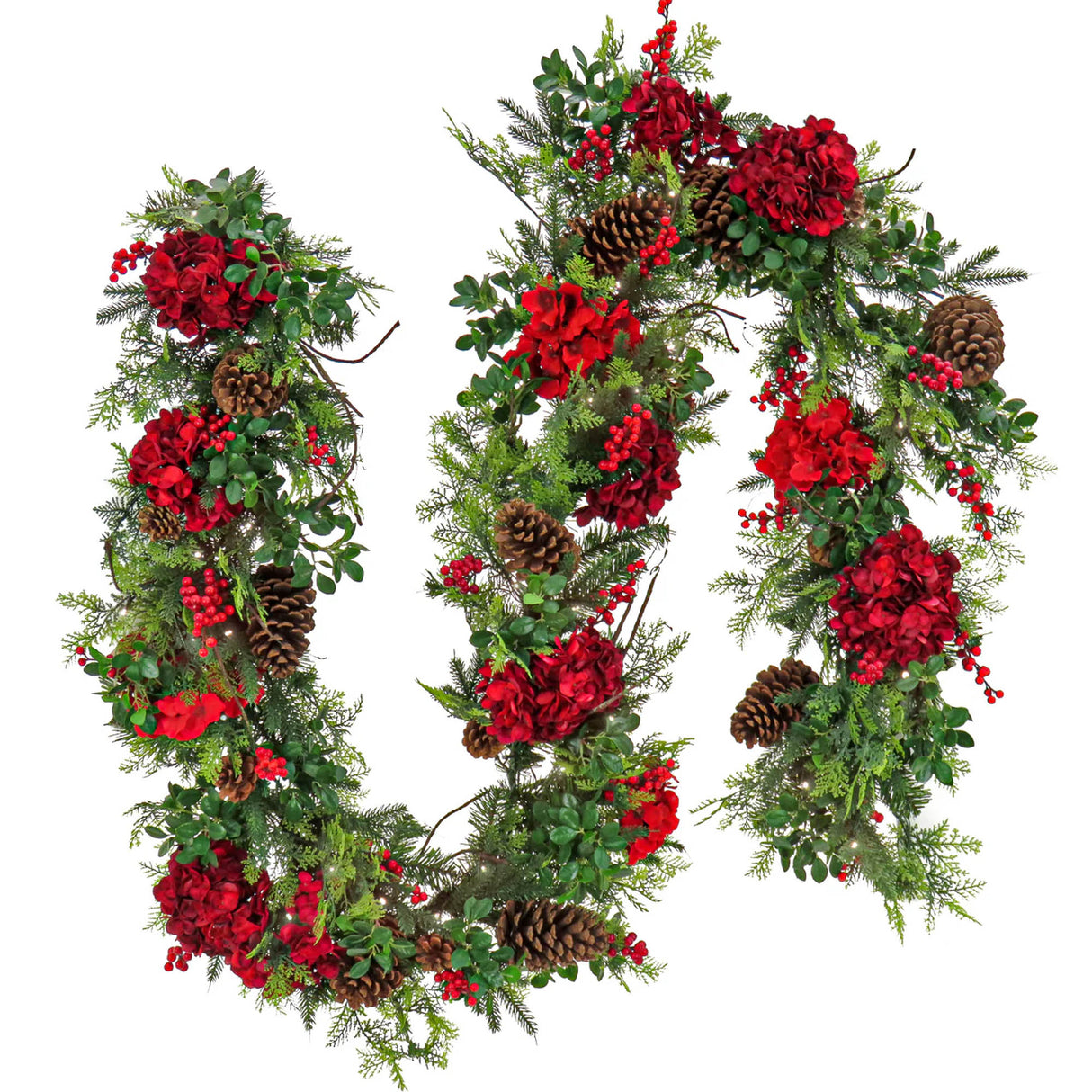 Pre-Lit Vienna Waltz Christmas Garland with LED Lights & Red Hydrangea, 9 Foot