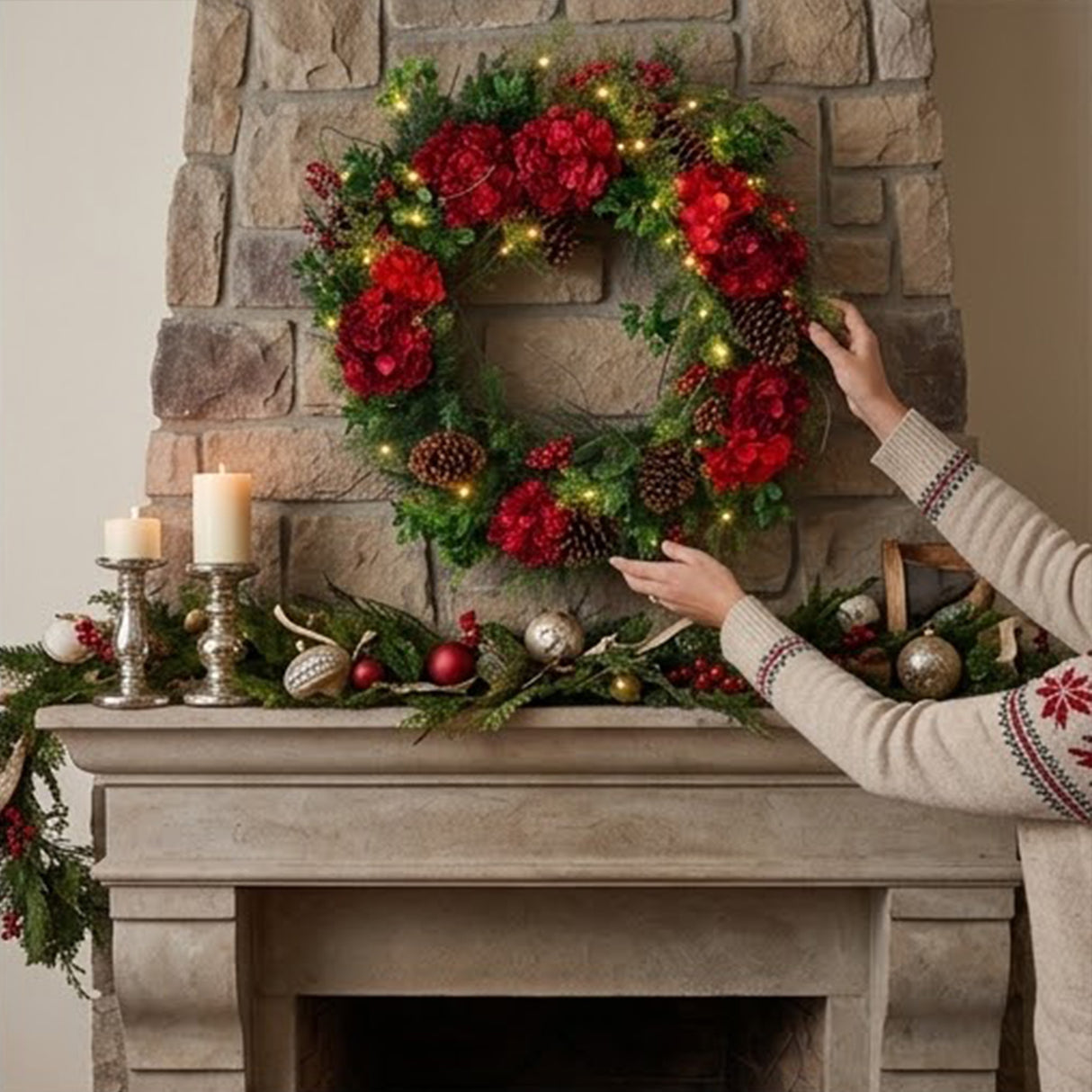 Pre-Lit Vienna Waltz Christmas Wreath with Red Hydrangea & LED Lights, 30 Inch