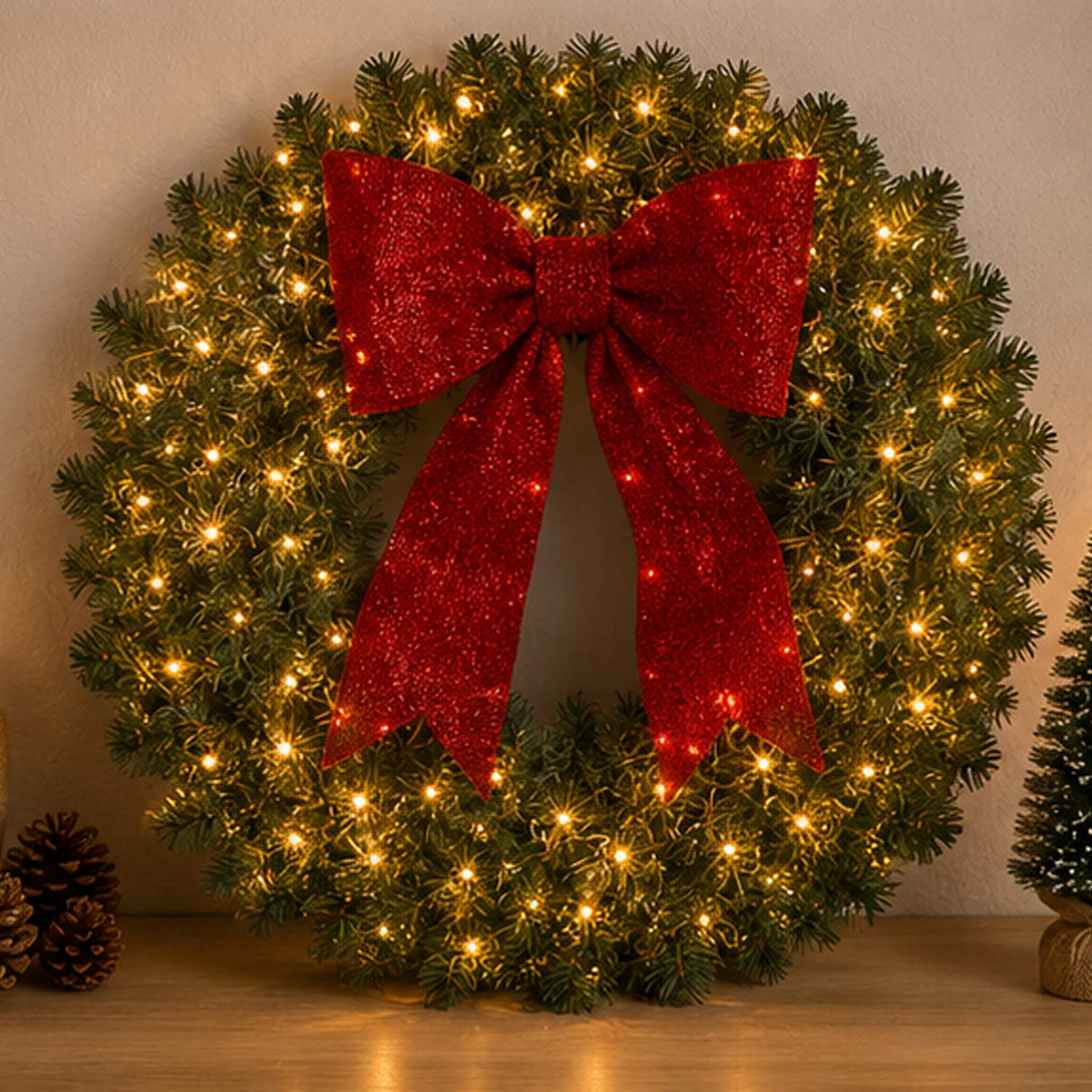 Pre Lit Artificial Fir Christmas Wreath with Red Bow LED Lights