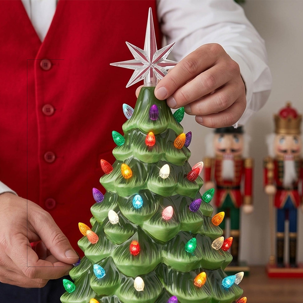 18 Inch Green Ceramic Pre Lit LED Christmas Tree with Multicolor Lights