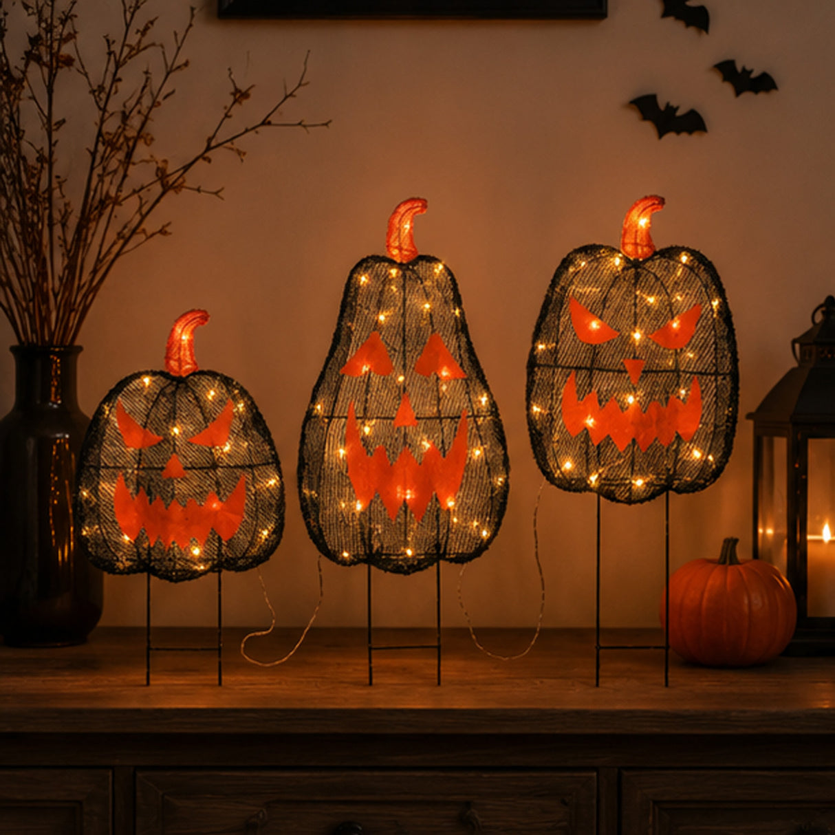 35 in. 3-Piece Halloween Pre-Lit Menacing Jack-O’-Lantern Trio with LED Lights Plug-In