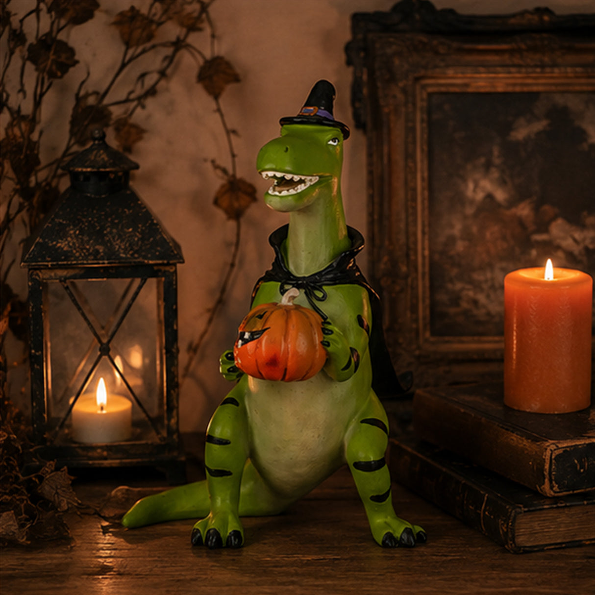 10 in. Halloween Dinosaur with Jack-O-Lantern Tabletop Decoration