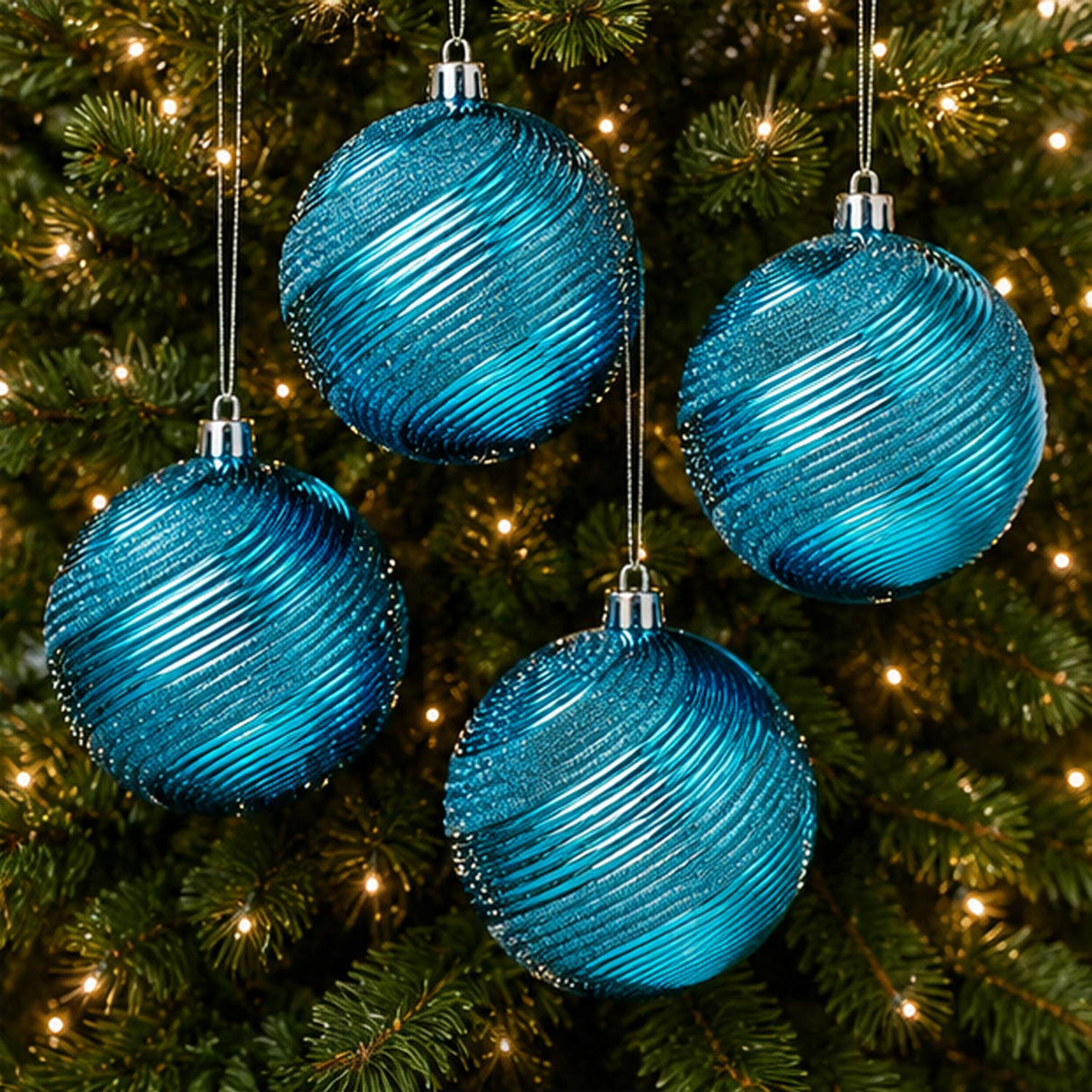 4-Piece Shatterproof Swirling Blue Glitter Christmas Balls