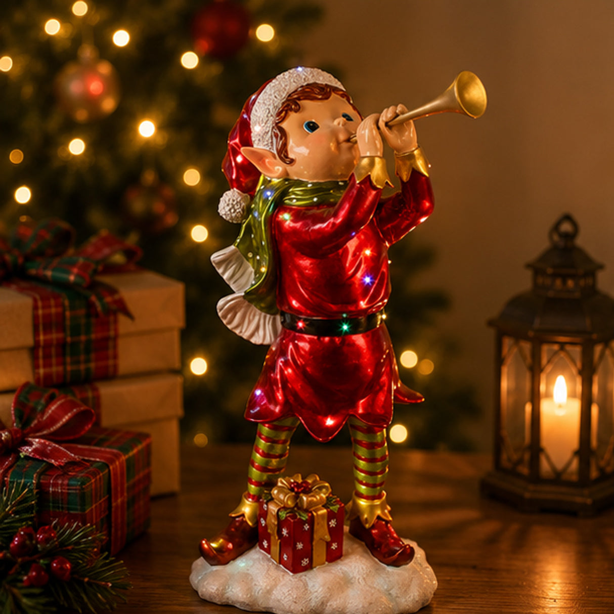 37IN Horn Blowing Pixie Elf Christmas Decoration with Multicolor LED Lights Plug-In