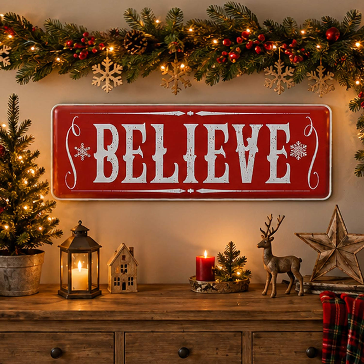 31IN Believe Horizontal Metal Holiday Wall Sign Red Vintage Snowflake Christmas Decor