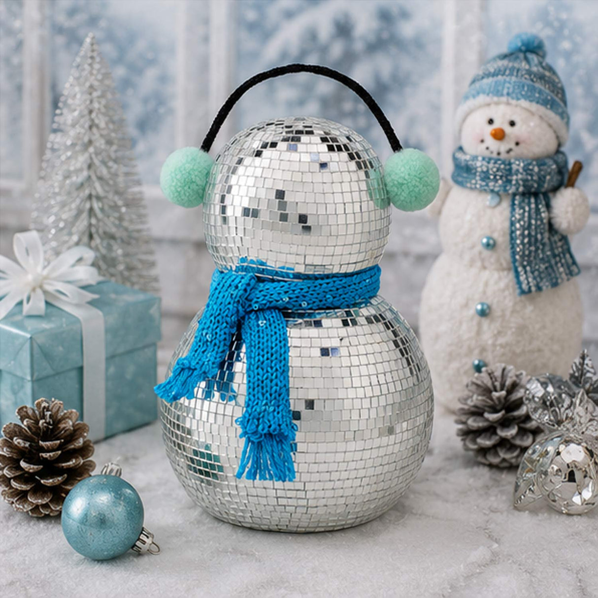 10IN Disco Snowman Figurine with Blue Scarf & Silver Ear Muffs Mirror Ball Holiday Decor