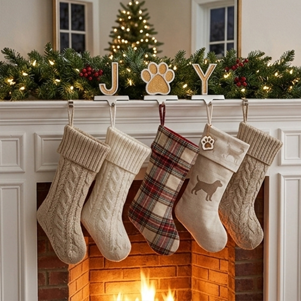 5IN 3-Piece Gold Sparkle JOY Paw Print Stocking Holders