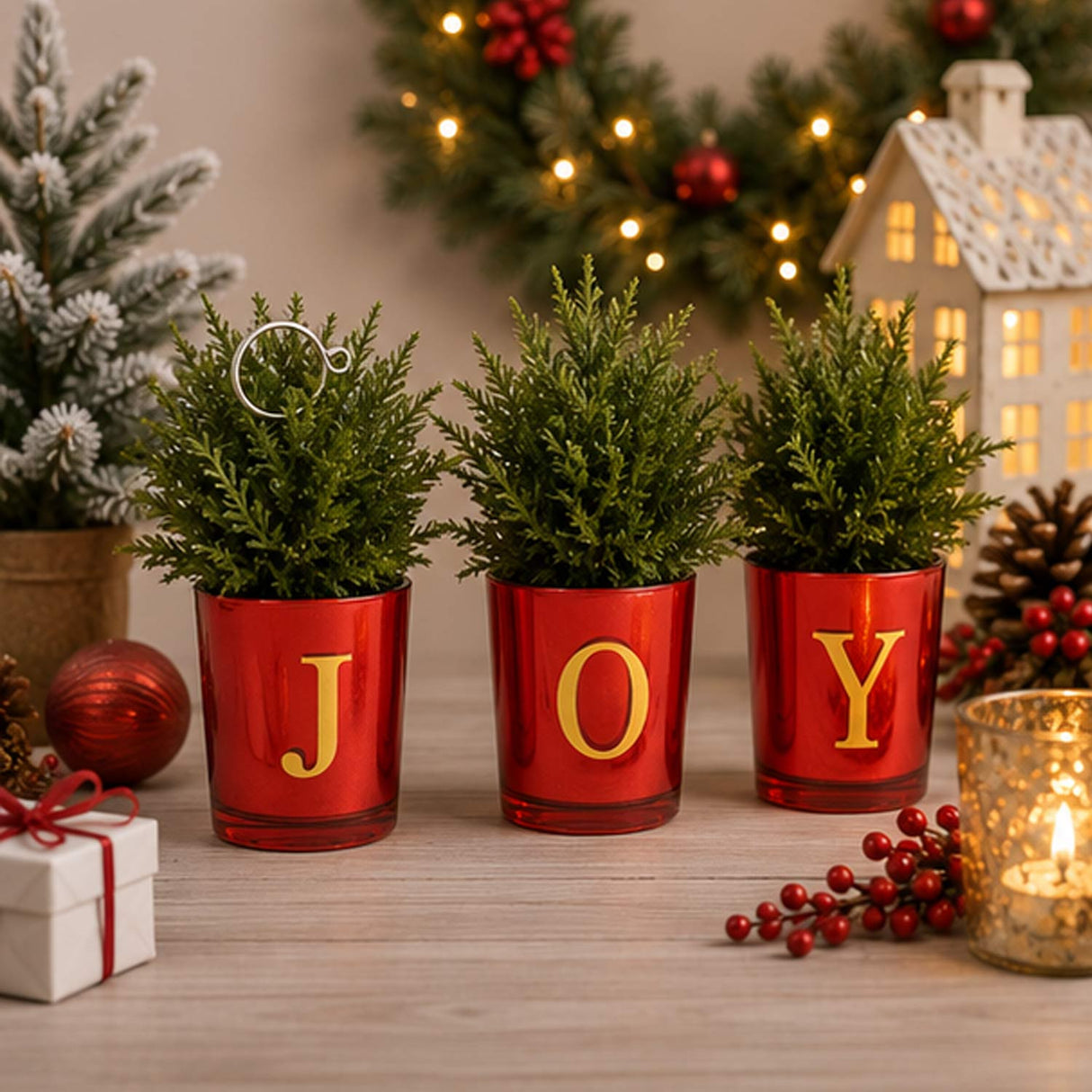 8IN Christmas JOY Tabletop Card Holder Votive Set of 3