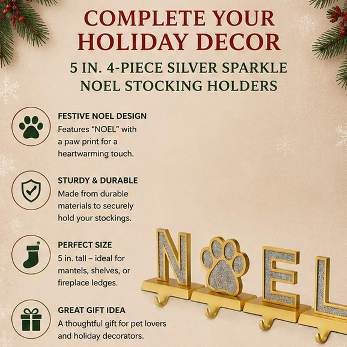 5IN 4-Piece Silver Sparkle NOEL Paw Print Stocking Holders