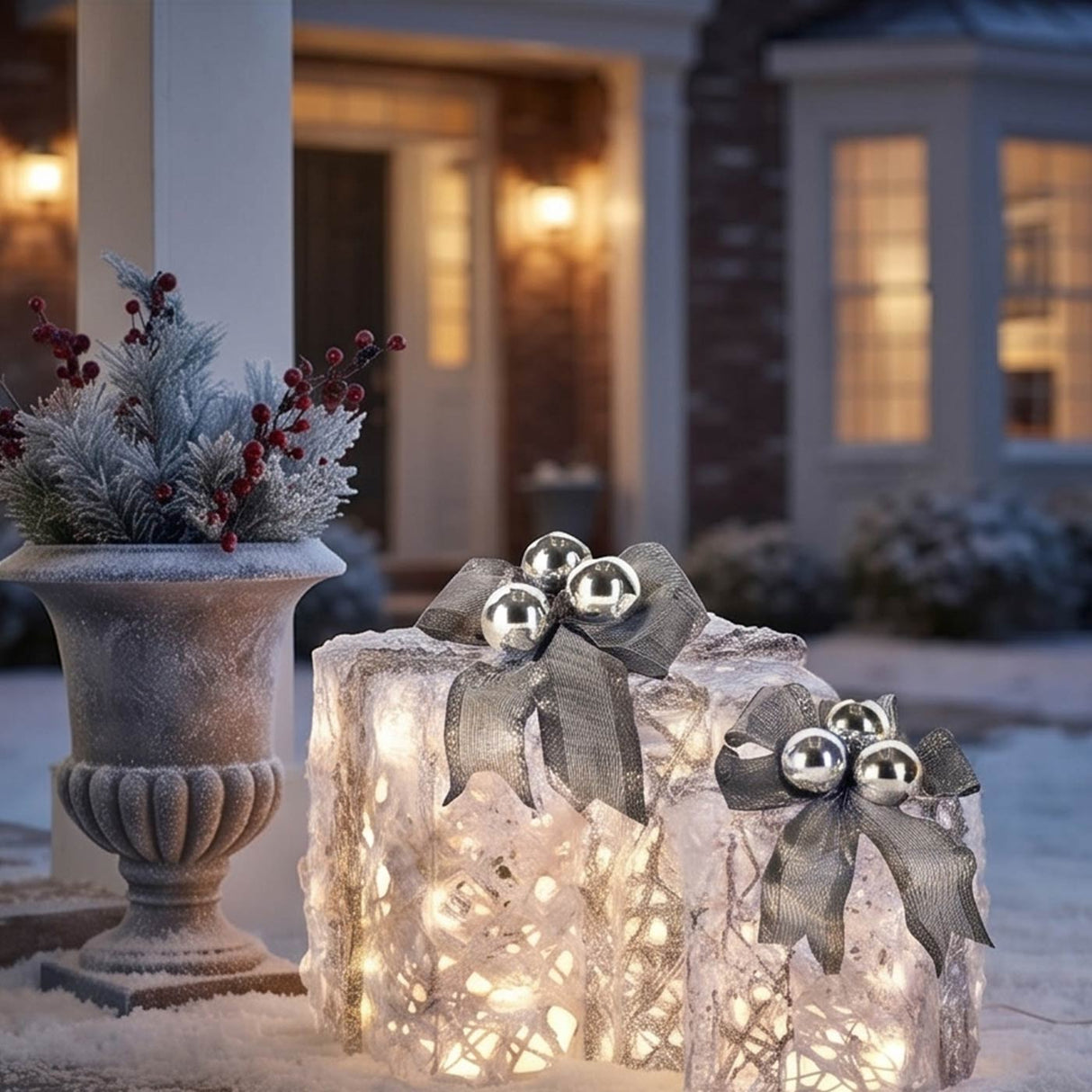 Pre Lit White Gift Box Set with Silver Bow LED Decoration