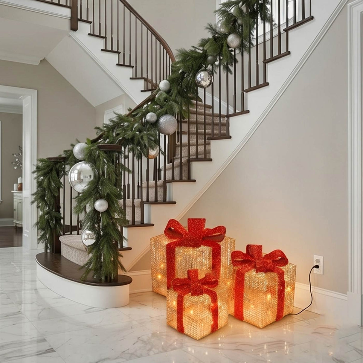 Pre-Lit Gold Gift Boxes, Set of Three, 35 White Lights