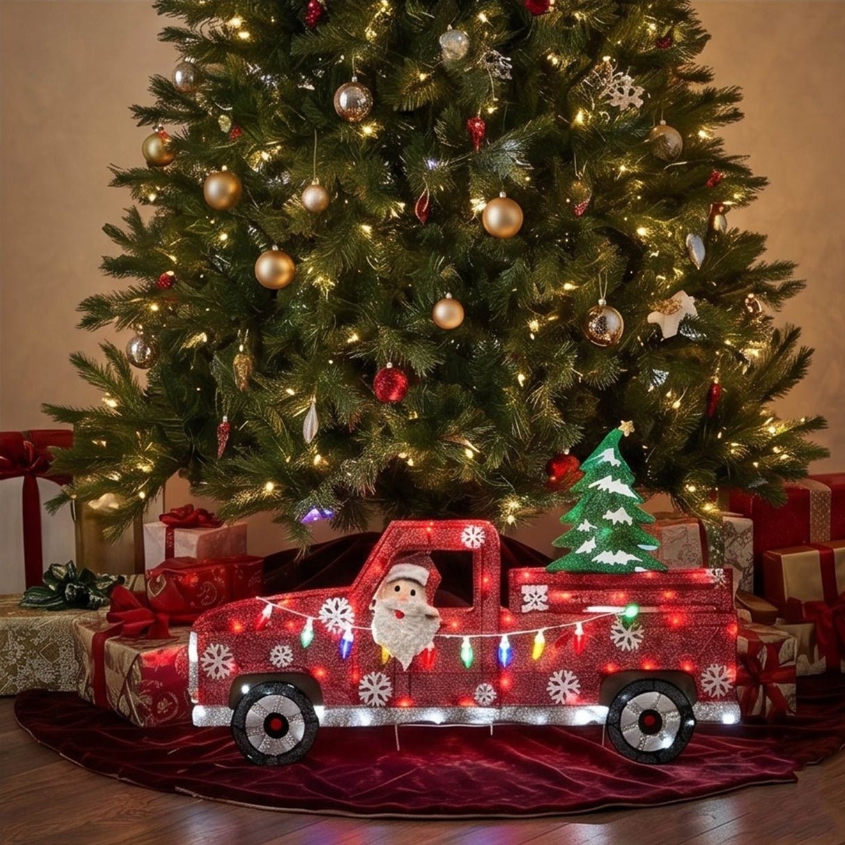 27IN Pre Lit Santa in Red Truck with Multicolor LED Lights