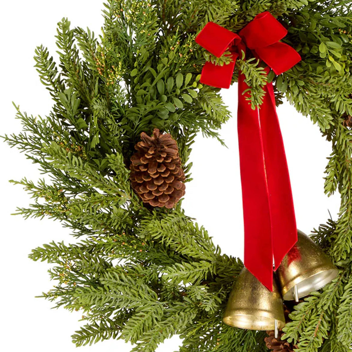 28IN Christmas Bells Pine Wreath with Red Bow and Gold Bells