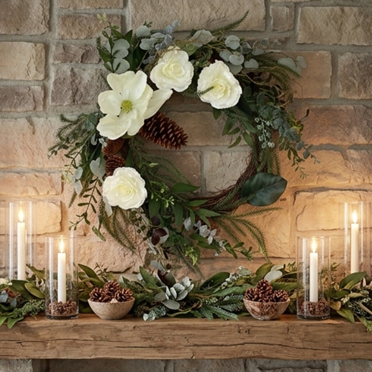 26IN Mixed Greens Wreath with White Flowers and Pinecones