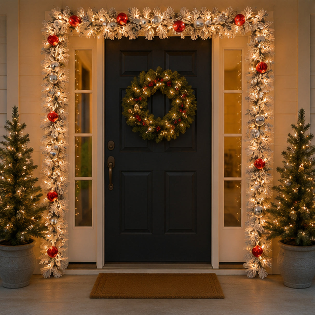 Pre-Lit Snowy Bristle Pine Garland with Clear Lights and Ornaments, 9 Foot (Plug-In)