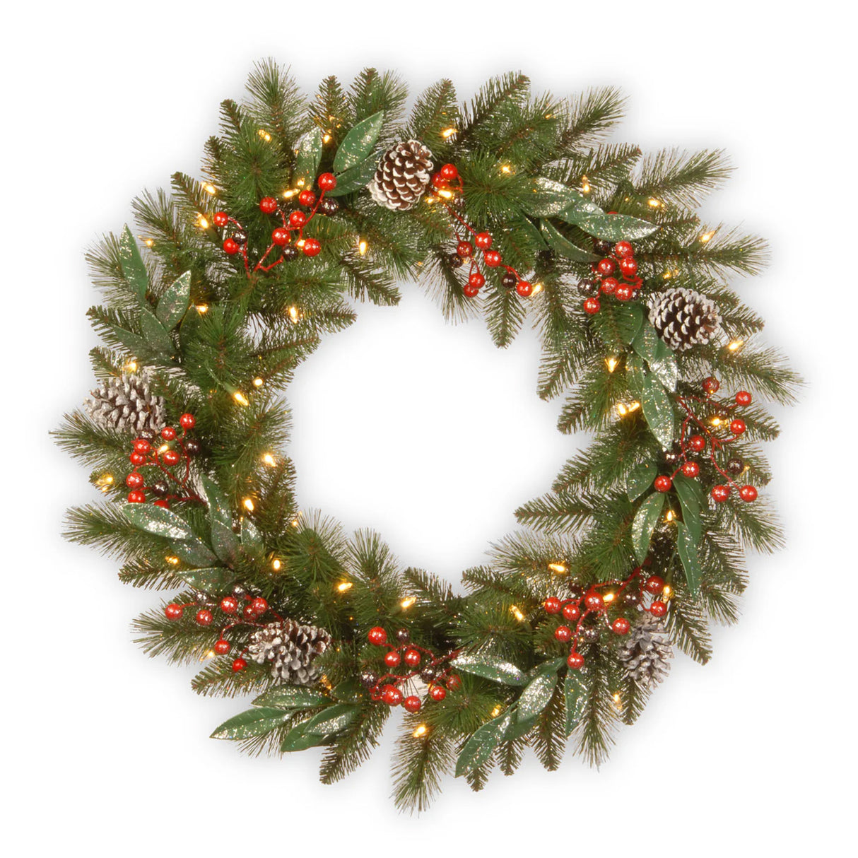Pre-Lit Frosted Pine Berry Wreath with Warm White LED Lights, 24 Inch