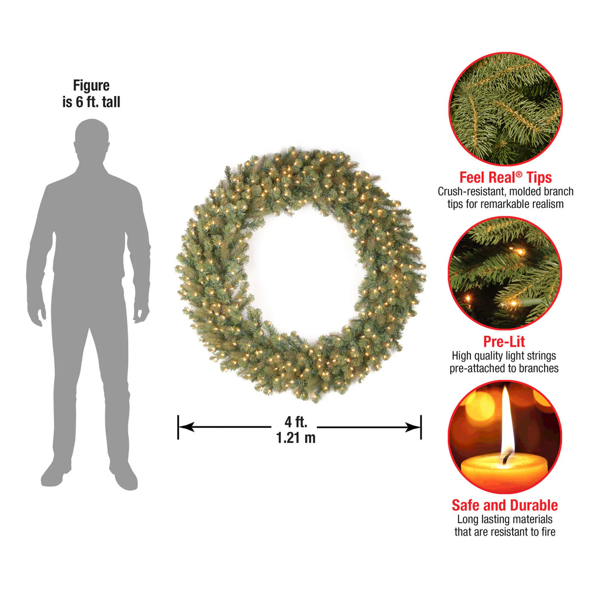 Pre-Lit Downswept Douglas Fir Christmas Wreath with Warm White LED Lights, 48 Inch