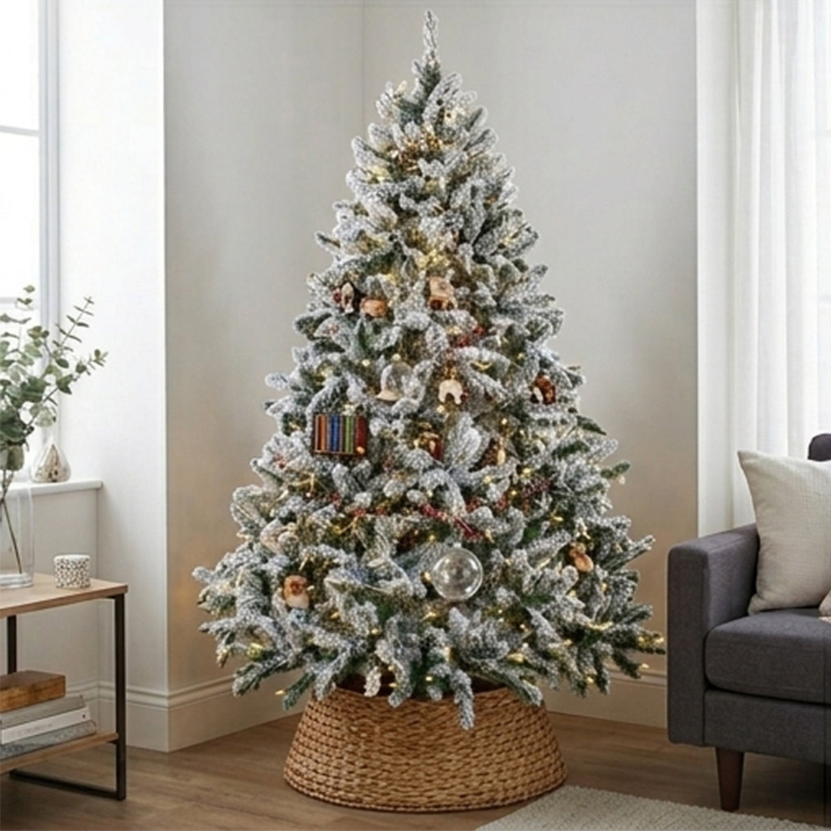 9ft Pre-Lit Snowy Hudson Flocked Christmas Tree with Warm White LED Lights