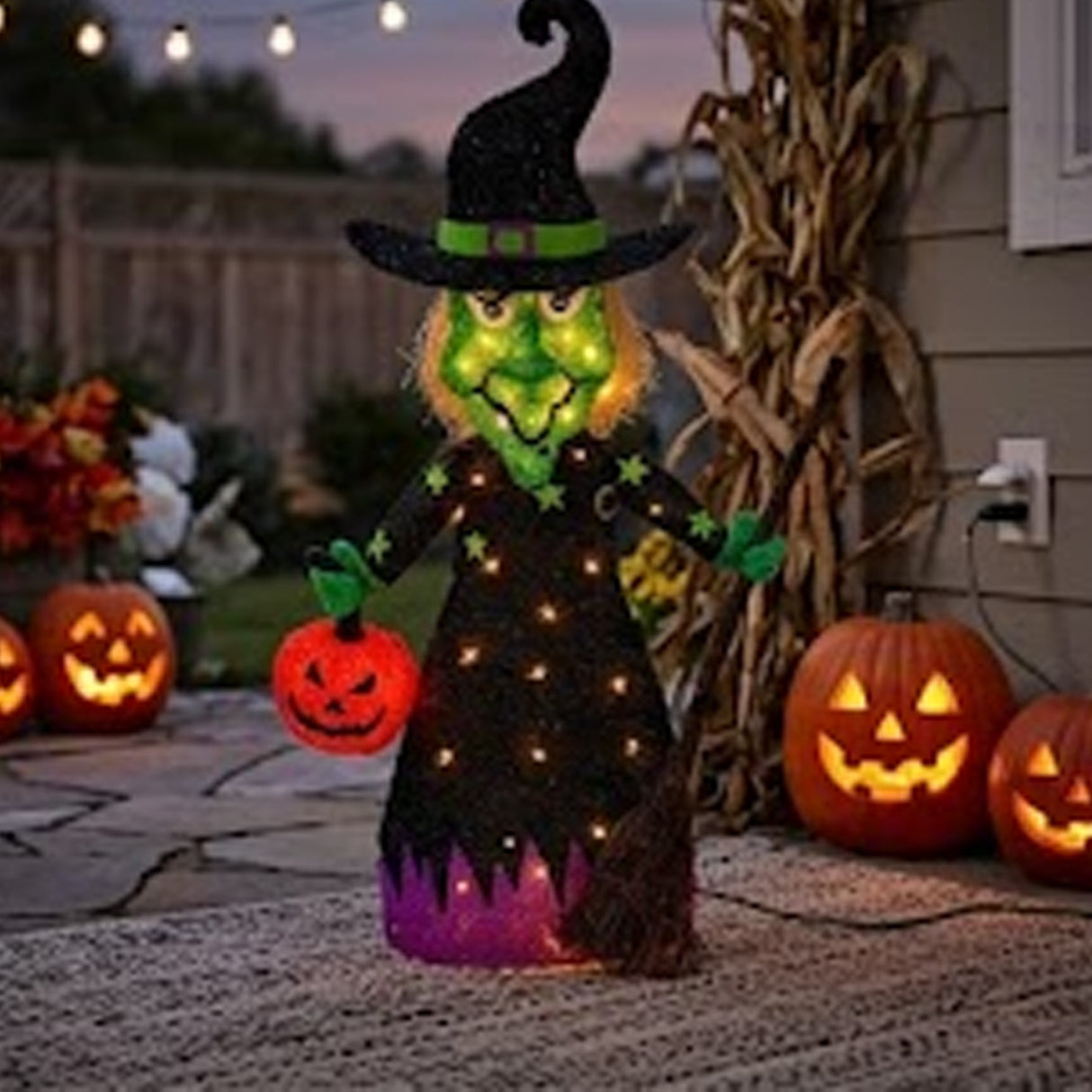39 in. Halloween Pre-Lit Green Witch Lawn Decoration with LED Lights Plug-In
