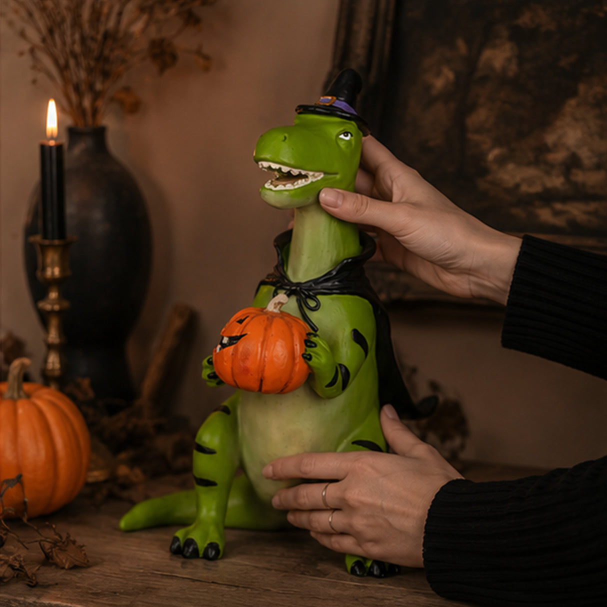 10 in. Halloween Dinosaur with Jack-O-Lantern Tabletop Decoration