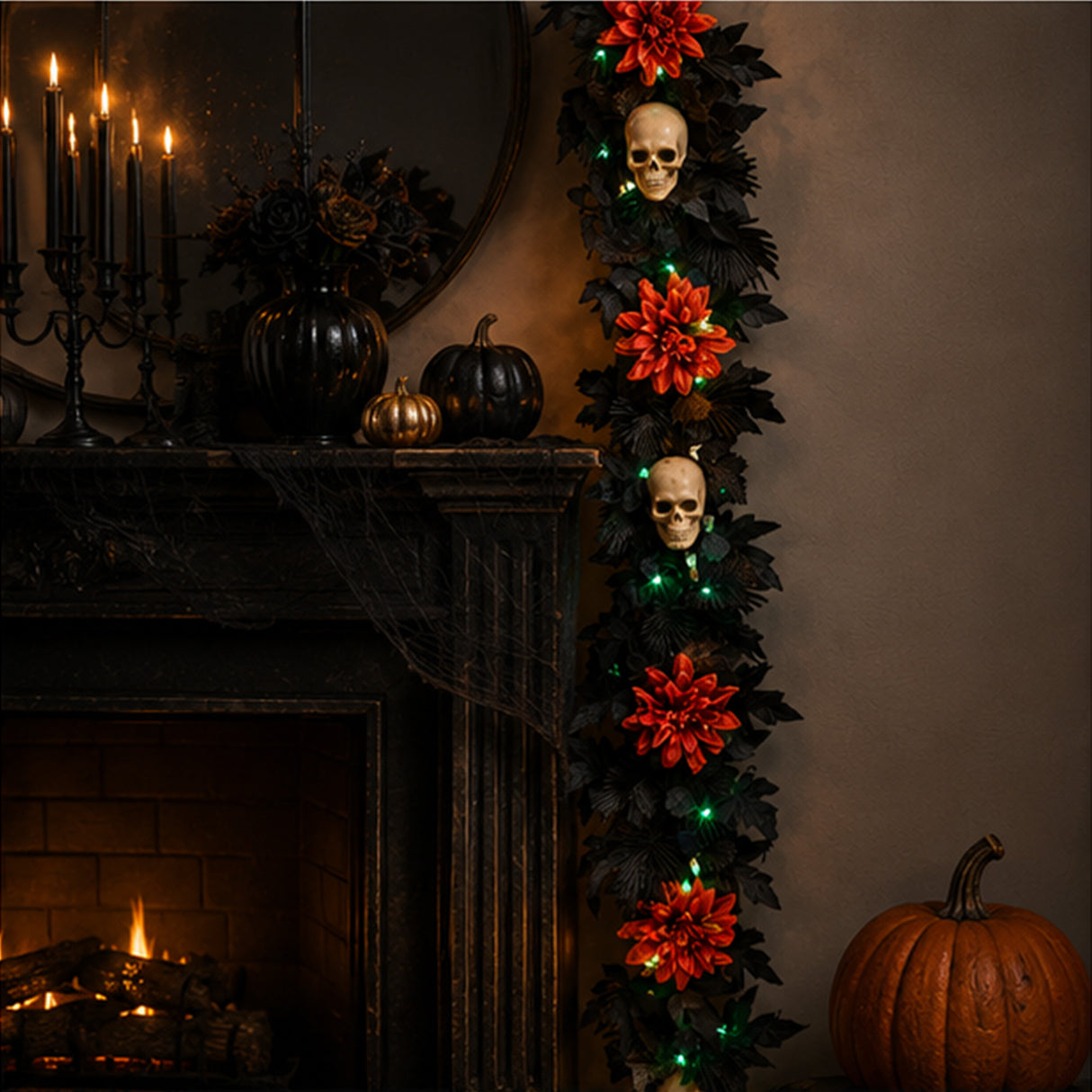 6 ft. Halloween “Boo-tiful” Garland with Orange Dahlia Flowers, White Skulls & LED Lights