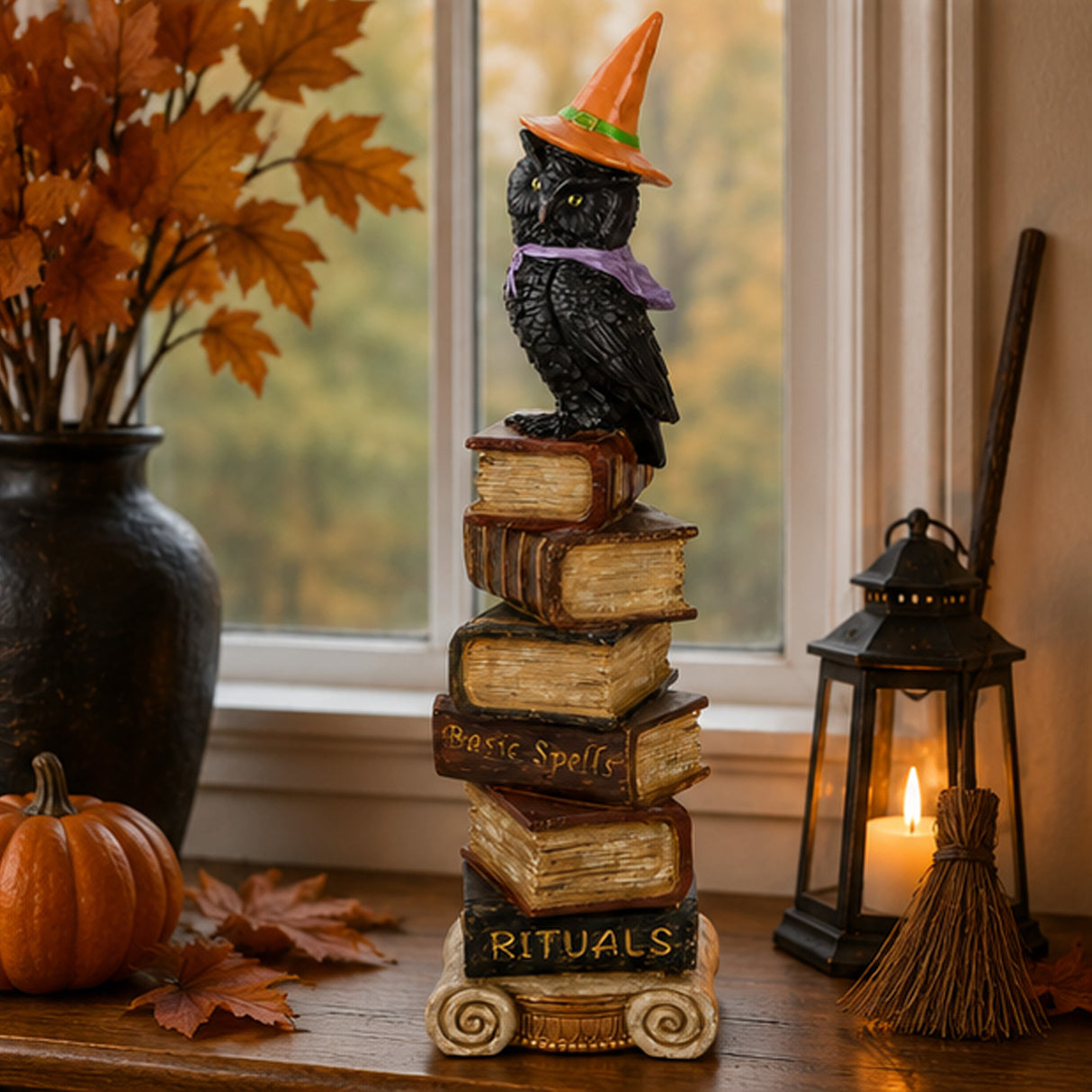 32IN Halloween Owl on Stacked Books Tabletop Centerpiece Decor